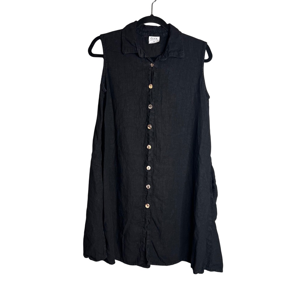 Vtg Click Linen Dress Sz M Mini Full Button‎ Collared Pockets Sleeveless Black